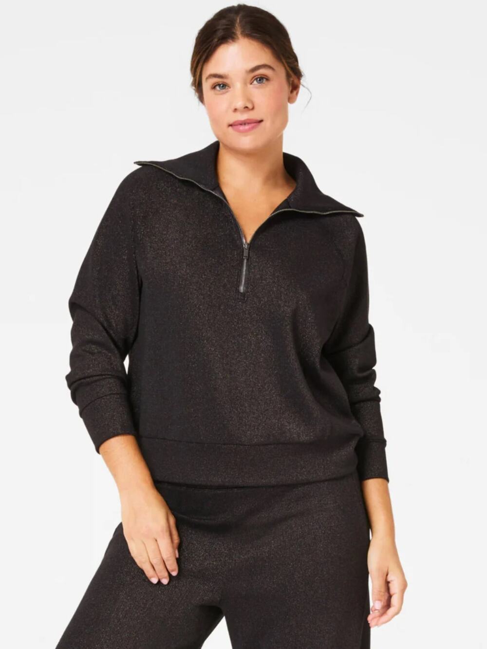 SPANX AirEssentials Shine Half Zip Sweatshirt Black Gunmetal Sz M $138 {3B44}